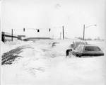 Dog standing in front of snow covered intersection and cars by The Buffalo Courier-Express Newspaper